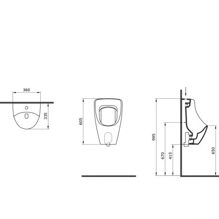 Urinal in Mattschwarz mit oberem Wasserzulauf, 36x60 cm, Sanitärkeramik, Nicolo