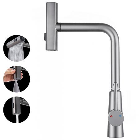 Küchenarmatur, ausziehbare Brause, 3 Sprüharten, 360° schwenkbarer Auslauf, mit Perlator, Edelstahl, Chrom, Safari