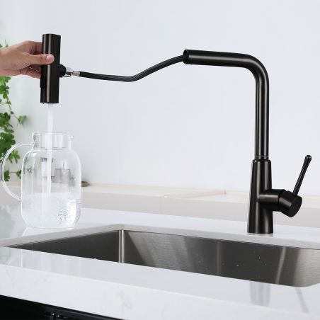Küchenarmatur, ausziehbare Brause, 3 Sprüharten, 360° schwenkbarer Auslauf, mit Perlator, Edelstahl, Schwarz, Safari