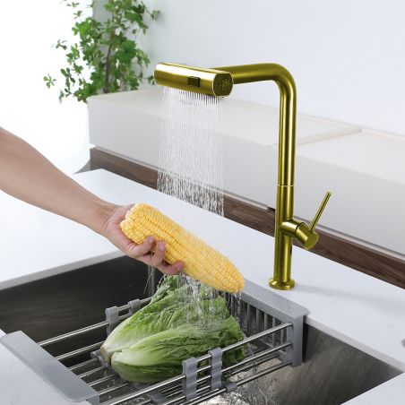 Küchenarmatur, ausziehbare Brause, 3 Sprüharten, 360° schwenkbarer Auslauf, mit Perlator, Edelstahl, Mattgold, Sahara