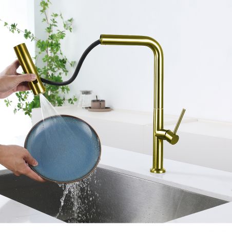 Küchenarmatur, ausziehbare Brause, 3 Sprüharten, 360° schwenkbarer Auslauf, mit Perlator, Edelstahl, Mattgold, Sahara