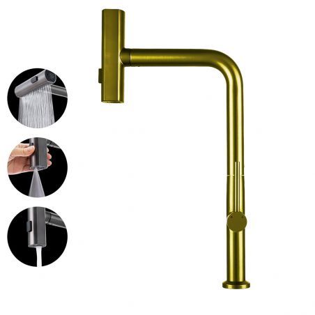 Küchenarmatur, ausziehbare Brause, 3 Sprüharten, 360° schwenkbarer Auslauf, mit Perlator, Edelstahl, Mattgold, Sahara