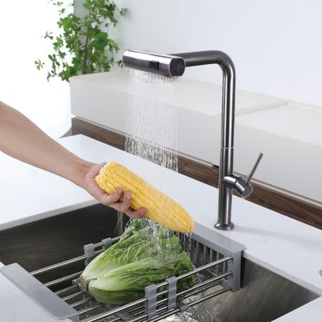 Küchenarmatur, ausziehbare Brause, 3 Sprüharten, 360° schwenkbarer Auslauf, mit Perlator, Edelstahl, Chrom, Sahara