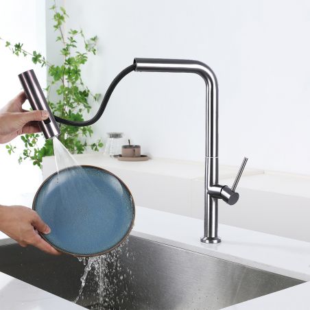 Küchenarmatur, ausziehbare Brause, 3 Sprüharten, 360° schwenkbarer Auslauf, mit Perlator, Edelstahl, Chrom, Sahara