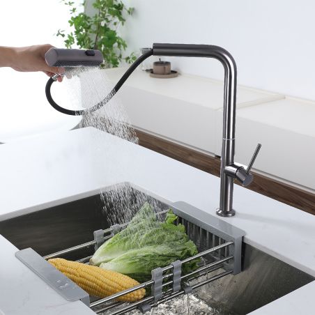 Küchenarmatur, ausziehbare Brause, 3 Sprüharten, 360° schwenkbarer Auslauf, mit Perlator, Edelstahl, Chrom, Sahara