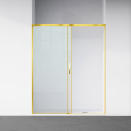 Duschtür, verschiebbar, transparent, 6 mm Sicherheitsglas, Größen zwischen 100–180 cm, mattgoldenes Profil, Hanes