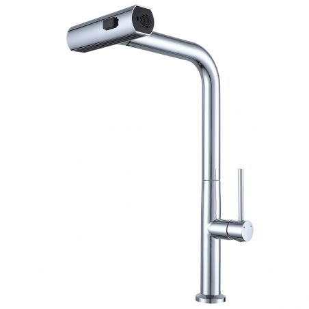 Küchenarmatur, ausziehbare Brause, 3 Sprüharten, 360° schwenkbarer Auslauf, mit Perlator, Edelstahl, Chrom, Sahara