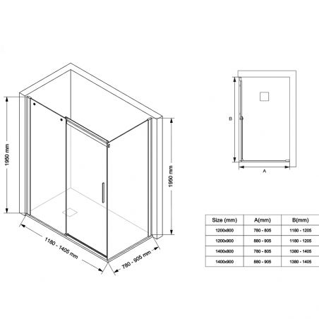 Duschkabine, fester Wand und Schiebetür, 8 mm Sicherheitsglas, Maße 80-90 x 120-140 cm, Mattgoldenes Profil, Giorgio