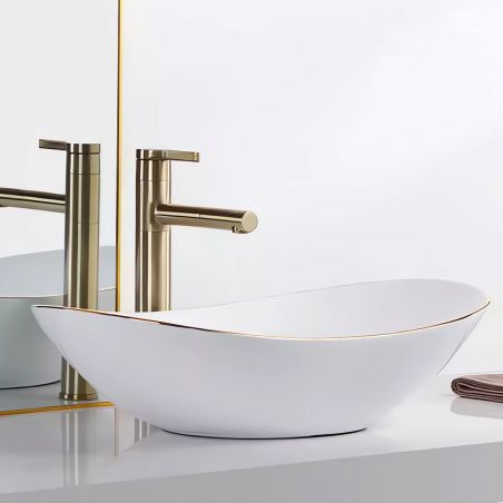 Waschbecken Luigi Gold Line, Glänzend Weiß, ohne Armaturenloch, Aufsatzmontage, Sanitärkeramik, 61x35 cm