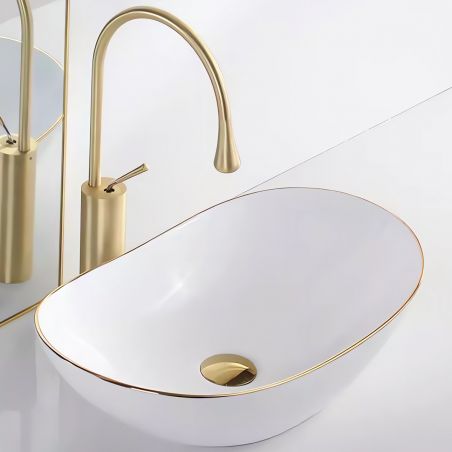 Waschbecken Luigi Gold Line, Glänzend Weiß, ohne Armaturenloch, Aufsatzmontage, Sanitärkeramik, 61x35 cm