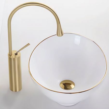 Waschbecken Luigi Gold Line, Glänzend Weiß, ohne Armaturenloch, Aufsatzmontage, Sanitärkeramik, 61x36 cm