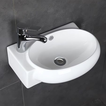 Waschbecken, Glänzend Weiß, Armaturenloch links und integrierter Überlauf, Wandmontage, Sanitärkeramik, 42x28 cm, Torino