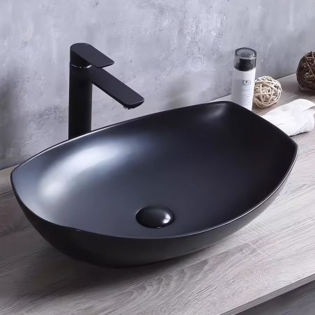 Mattes schwarzes Waschbecken, Power Color, 57x40.5 cm, ohne Armaturenloch, Aufsatzmontage, Samara