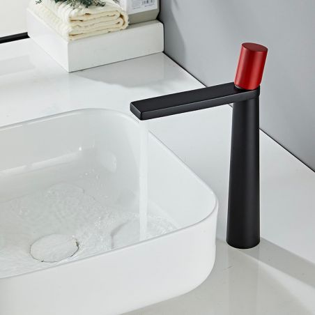 Waschbeckenarmatur Pilar, Mattschwarz, mit rotem Griff, Höhe 31,5 cm, Aufsatzmontage