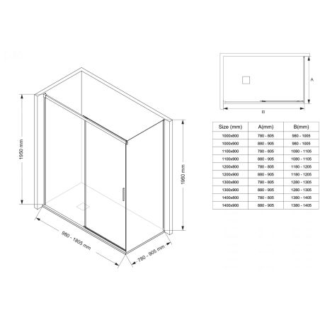 Duschkabine, fester Wand und Schiebetür, 6 mm Sicherheitsglas, 70-90 x 100-160 cm, Profil und Griff in Chrom, Hanes