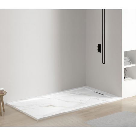 Duschwanne, Weiß Calacatta, matte Marmor-Oberfläche, Mineralkomposit, Maße 100-160x70-90 cm, zuschneidbar, Antonio