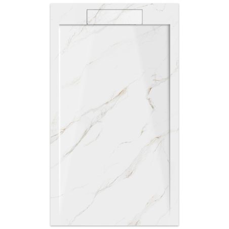 Duschwanne, Weiß Calacatta, matte Marmor-Oberfläche, Mineralkomposit, Maße 100-160x70-90 cm, zuschneidbar, Antonio