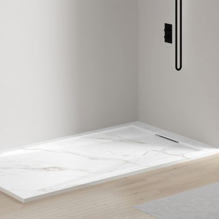 Duschwanne, Weiß Calacatta, matte Marmor-Oberfläche, Mineralkomposit, Maße 100-160x70-90 cm, zuschneidbar, Antonio