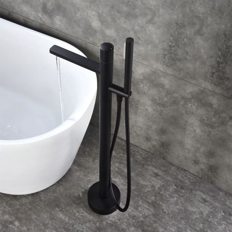 Badewannenarmatur Pilar, Mattschwarz, Bodenmontage, runder Rahmen