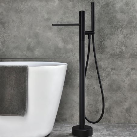 Badewannenarmatur Pilar, Mattschwarz, Bodenmontage, runder Rahmen