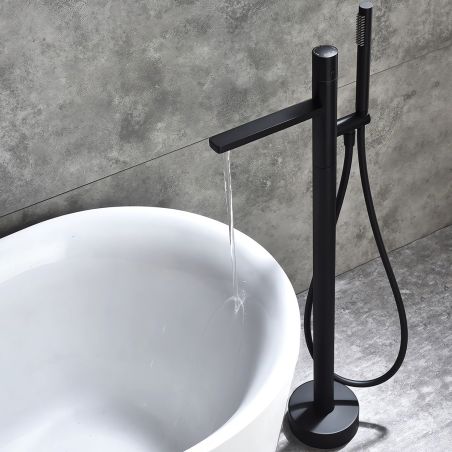 Badewannenarmatur Pilar, Mattschwarz, Bodenmontage, runder Rahmen