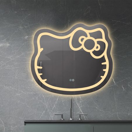 LED-Spiegel, 5 mm Glas, Anti-Beschlag, Touch-Taste, 3 Lichtfarben, Einstellbare Helligkeit, Maße 80x70 cm, Hello Kitty