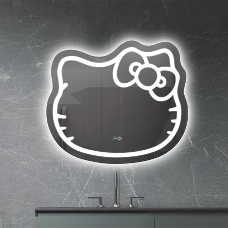 LED-Spiegel, 5 mm Glas, Anti-Beschlag, Touch-Taste, 3 Lichtfarben, Einstellbare Helligkeit, Maße 80x70 cm, Hello Kitty
