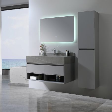 Möbel mit seitlichem Schrank, Waschbecken aus gesintertem Stein, MDF, Soft-Close, 2 Schubladen, Grau, 100x50x58 cm, Combo