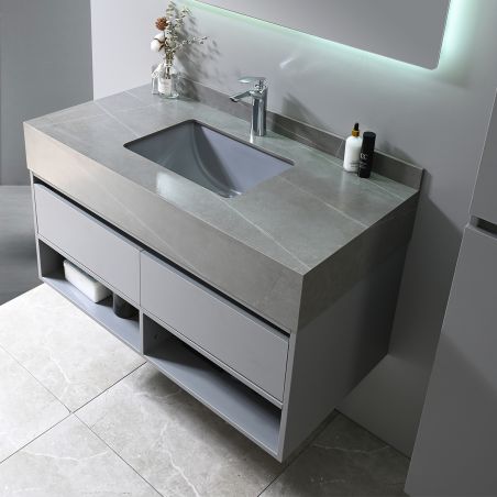 Möbel mit seitlichem Schrank, Waschbecken aus gesintertem Stein, MDF, Soft-Close, 2 Schubladen, Grau, 100x50x58 cm, Combo