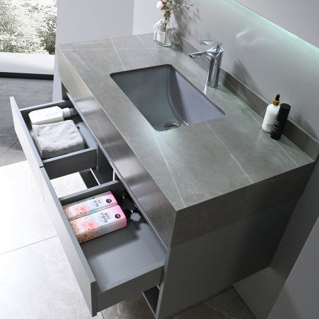 Möbel mit seitlichem Schrank, Waschbecken aus gesintertem Stein, MDF, Soft-Close, 2 Schubladen, Grau, 100x50x58 cm, Combo