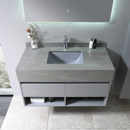 Möbel mit seitlichem Schrank, Waschbecken aus gesintertem Stein, MDF, Soft-Close, 2 Schubladen, Grau, 100x50x58 cm, Combo