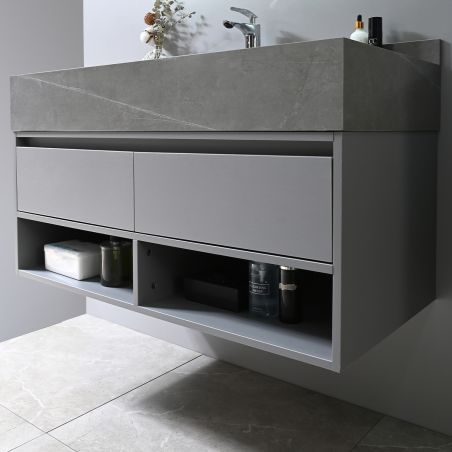 Möbel mit seitlichem Schrank, Waschbecken aus gesintertem Stein, MDF, Soft-Close, 2 Schubladen, Grau, 100x50x58 cm, Combo