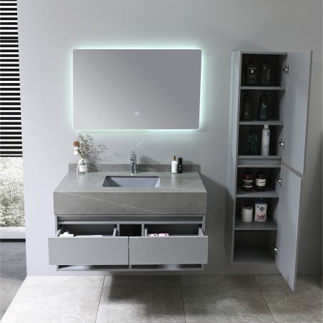Möbel mit seitlichem Schrank, Waschbecken aus gesintertem Stein, MDF, Soft-Close, 2 Schubladen, Grau, 100x50x58 cm, Combo