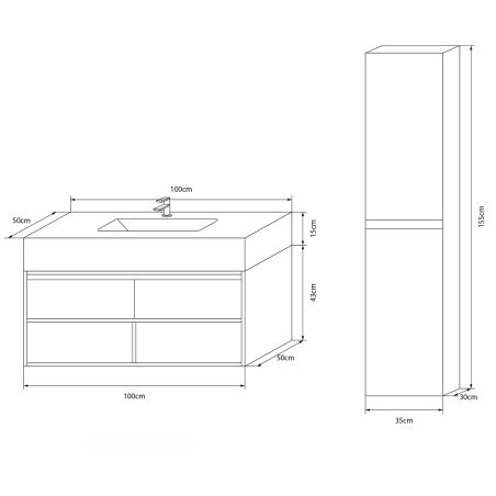 Möbel mit seitlichem Schrank, Waschbecken aus gesintertem Stein, MDF, Soft-Close, 2 Schubladen, Grau, 100x50x58 cm, Combo