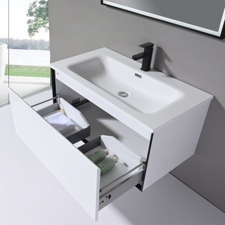 Badezimmermöbel mit Corian-Komposit-Waschbecken, LED-Beleuchtung, Soft-Close-System, Maße: 90 x 52 cm, Halo