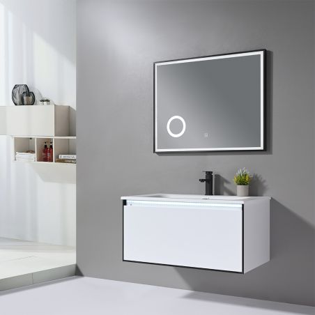 Badezimmermöbel mit Corian-Komposit-Waschbecken, LED-Beleuchtung, Soft-Close-System, Maße: 90 x 52 cm, Halo