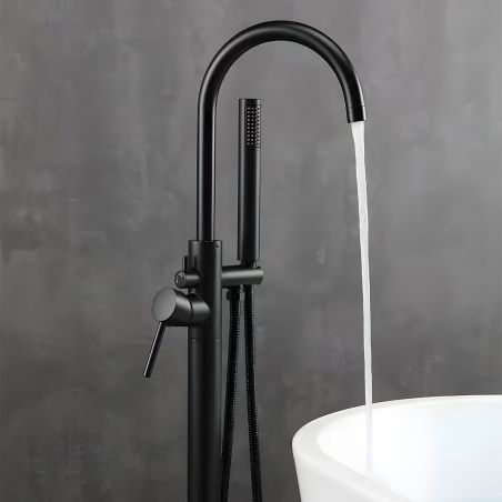 Freistehende Badewannenarmatur mit Handbrause, Strahlregler, freistehend, Messing, Mattschwarz, Regal