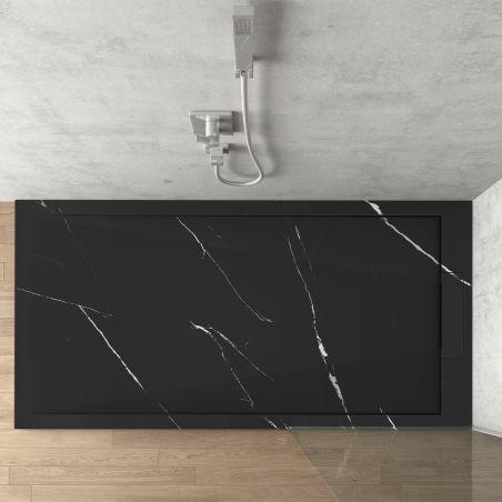 Duschwanne, Schwarz Marquina, matte Marmor-Oberfläche, Mineralkomposit, Maße 100-160x70-90 cm, zuschneidbar, Antonio
