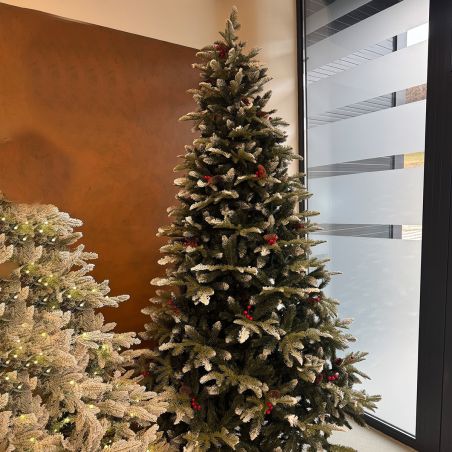 Weihnachtsbaum, 3D-Zweige, 250 cm, mit Zapfen, Lorbeerbeeren und Schnee, Metallständer inklusive