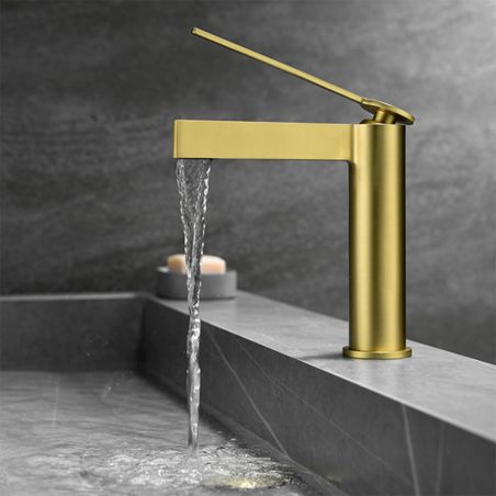 Waschbeckenarmatur, schlanker Hebel und Auslauf, Mattgold, Waschbeckenmontage, Elis