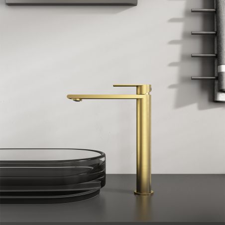 Waschbeckenarmatur, Mattgold, mit Perlator, Edelstahl, Aufsatzmontage, Sereno