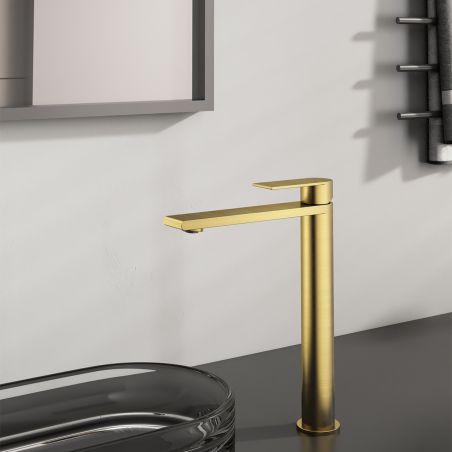 Waschbeckenarmatur, Mattgold, mit Perlator, Edelstahl, Aufsatzmontage, Sereno