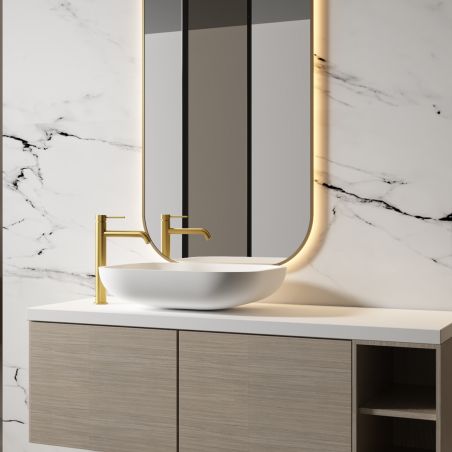 Waschbeckenarmatur, Mattgold, mit Perlator, Edelstahl, Aufsatzmontage, Fino