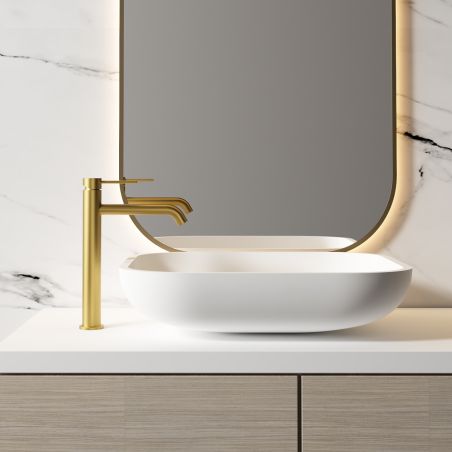 Waschbeckenarmatur, Mattgold, mit Perlator, Edelstahl, Aufsatzmontage, Fino