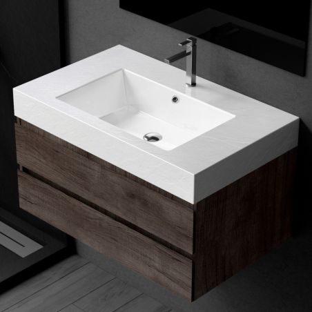 Waschbecken Elsa, Mineralwerkstoff, Aufsatz- oder Wandmontage, Mattweiß, Schieferoptik, mit Hahnloch, 80-100x49,2 cm
