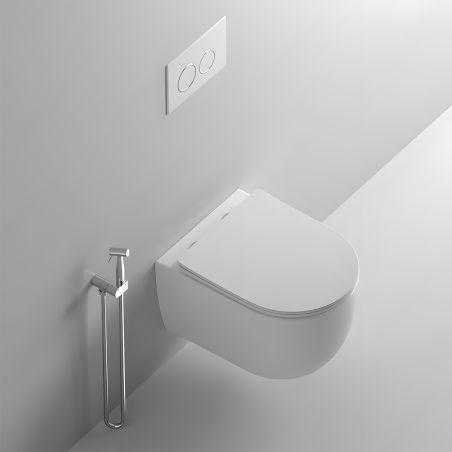 WC-Schüssel EGO Michael Rimless, 49x37 cm, Weiß glänzend, hängende Montage, Soft-Close-Duroplast-Deckel zum einfachen Abnehmen