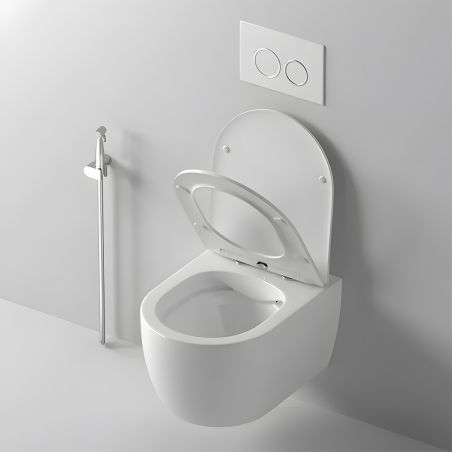 WC-Schüssel EGO Michael Rimless, 49x37 cm, Weiß glänzend, hängende Montage, Soft-Close-Duroplast-Deckel zum einfachen Abnehmen