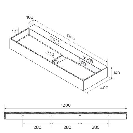 Doppelwaschbecken EGO 6028, versteckter Abfluss, Matt Anthrazit, Marmorkomposit, Aufsatz- oder Wandmontage, 120x40 cm
