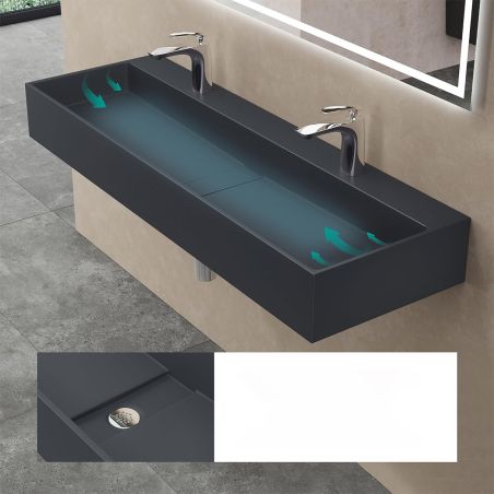 Doppelwaschbecken EGO 6028, versteckter Abfluss, Matt Anthrazit, Marmorkomposit, Aufsatz- oder Wandmontage, 120x40 cm