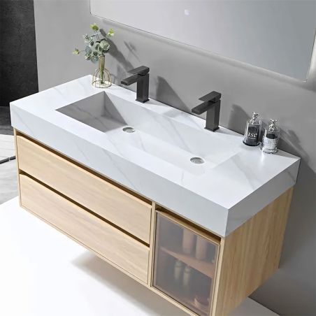 Badezimmermöbel mit Waschbecken aus gesintertem Stein, 120x50 cm, Schichtholz, 2 Soft-Close-Schubladen, Valencia